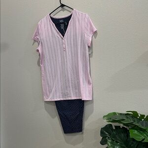 Pink Striped Short Sleeve Top and Polka Dot Capri Set